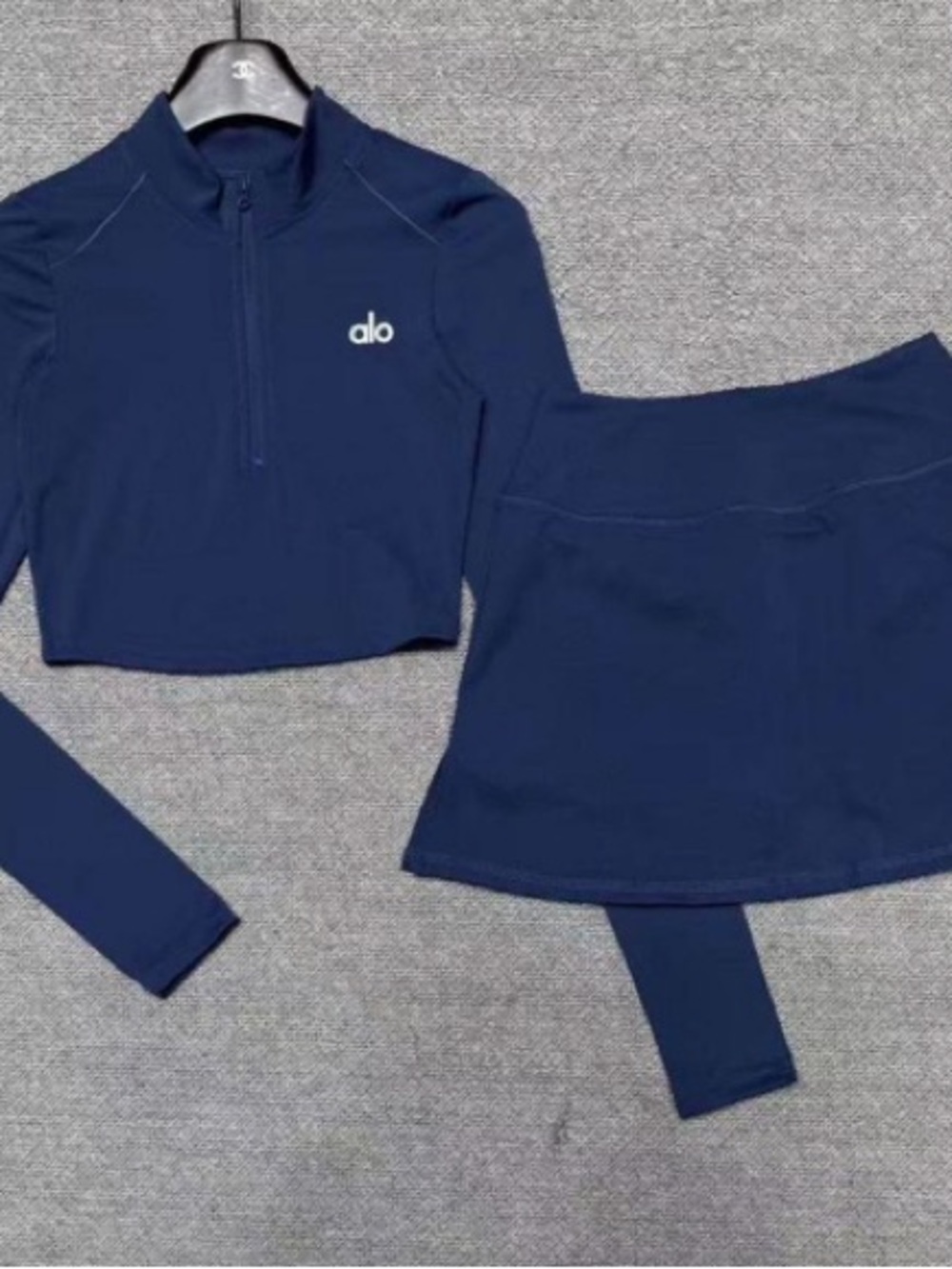 ALO Yoga Kids Navy Zip Crop Top and Skirted Leggings Set